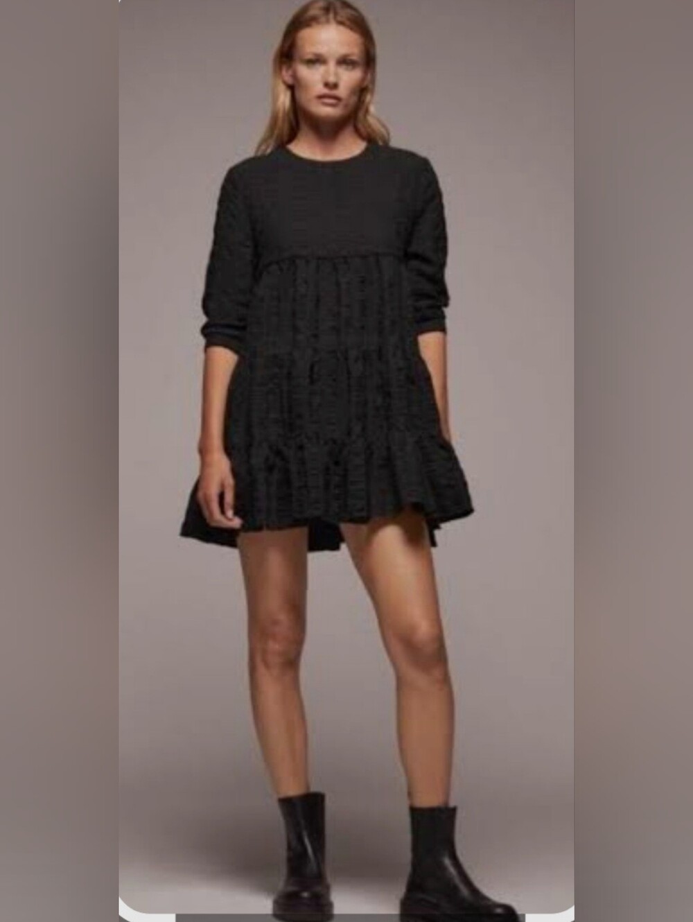 Black Long-Sleeve Tiered Mini Babydoll Dress